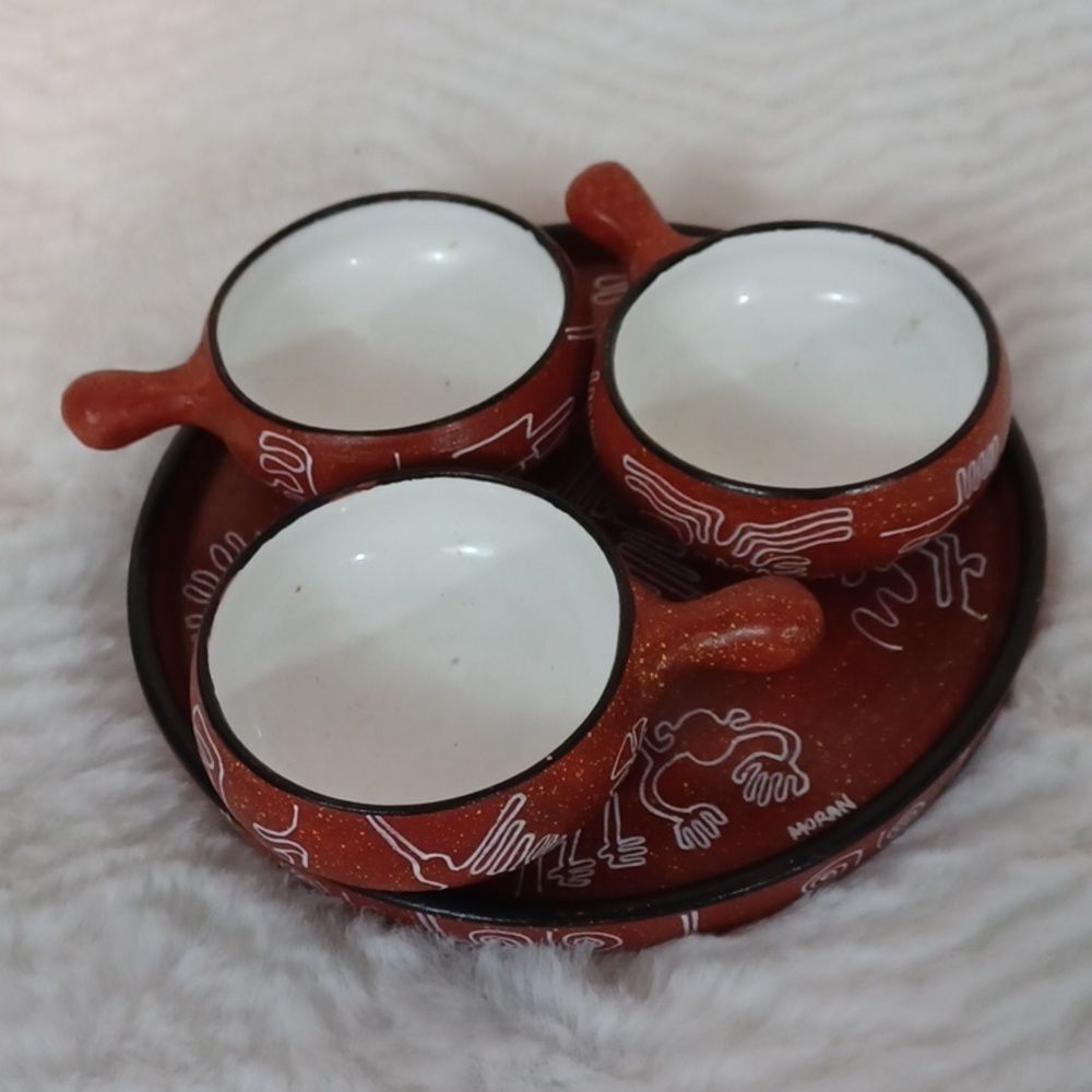 3 Piece Peru Tray & Soup Mugs Unique New
